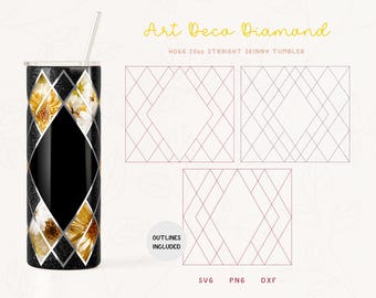 3-Design Art Deco Collection | Diamond Tumbler Template SVG, DXF for Hogg 20oz Straight Skinny | Burst Template for Tumbler | Commercial Use