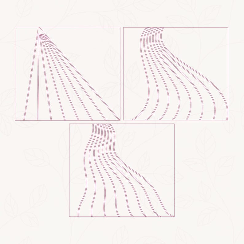 May include: Three illustrations of lines in different patterns. The first illustration shows lines radiating from a point at the top of the image. The second illustration shows lines curving in a wave pattern. The third illustration shows lines curving in a wave pattern.