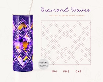 Diamond Waves Tumbler Template SVG, DXF, PNG for Hogg 20oz Straight Skinny | Burst Template for Tumblers | Commercial Use Cut File