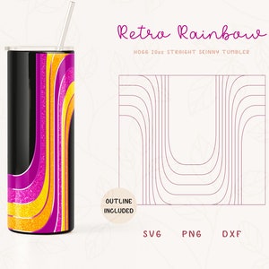 May include: A 20oz straight skinny tumbler with a retro rainbow design. The tumbler is black with pink, yellow, and orange stripes. The design is a series of curved lines that create a rainbow effect. The tumbler is shown with a straw. The text "Retro Rainbow" and "HOGG 20oz Straight Skinny Tumbler" is shown above the tumbler. The text "OUTLINE INCLUDED" is shown in a circle below the tumbler. The text "SVG PNG DXF" is shown below the design.