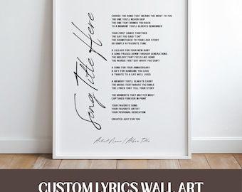 Custom Song Lyrics Print, Song Lyric Wall Art, Personalized Wedding Gift, Anniversary Gift, Digital Download, Framed or Unframed