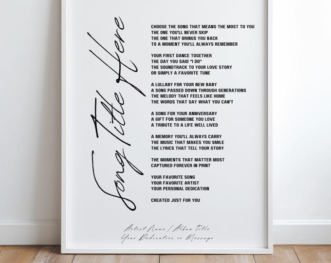Custom Song Lyrics Print, Personalized Song Lyric Wall Art, Framed Lyrics Gift, Anniversary Wedding Gift, Custom Music Art