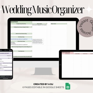 May include: A digital screen displaying a wedding music organizer template with the text "Wedding Music Organizer" at the top. The template is divided into sections for reception, wedding details, and music requests. The template is editable in Google Sheets and includes a green and white color scheme.