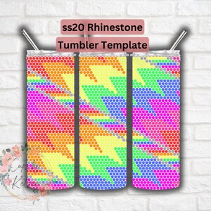 May include: Three stainless steel tumblers with a colorful geometric pattern of hexagons in shades of pink, blue, green, yellow, orange, and gray. The tumblers are arranged in a row from left to right. The text "ss20 Rhinestone Tumbler Template" is written above the tumblers.