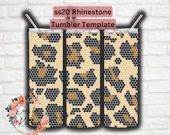 May include: Three 20 ounce stainless steel tumblers with a leopard print design. The print is made up of small black, brown, and beige hexagons. The tumblers are perfect for adding rhinestones to.