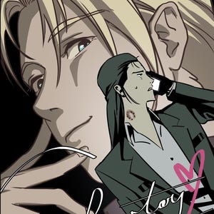 Può includere: Illustrazione in stile anime con una figura bionda sullo sfondo e una persona in uniforme verde che saluta in primo piano. L'immagine include il testo "hewtory" e il numero "18+".