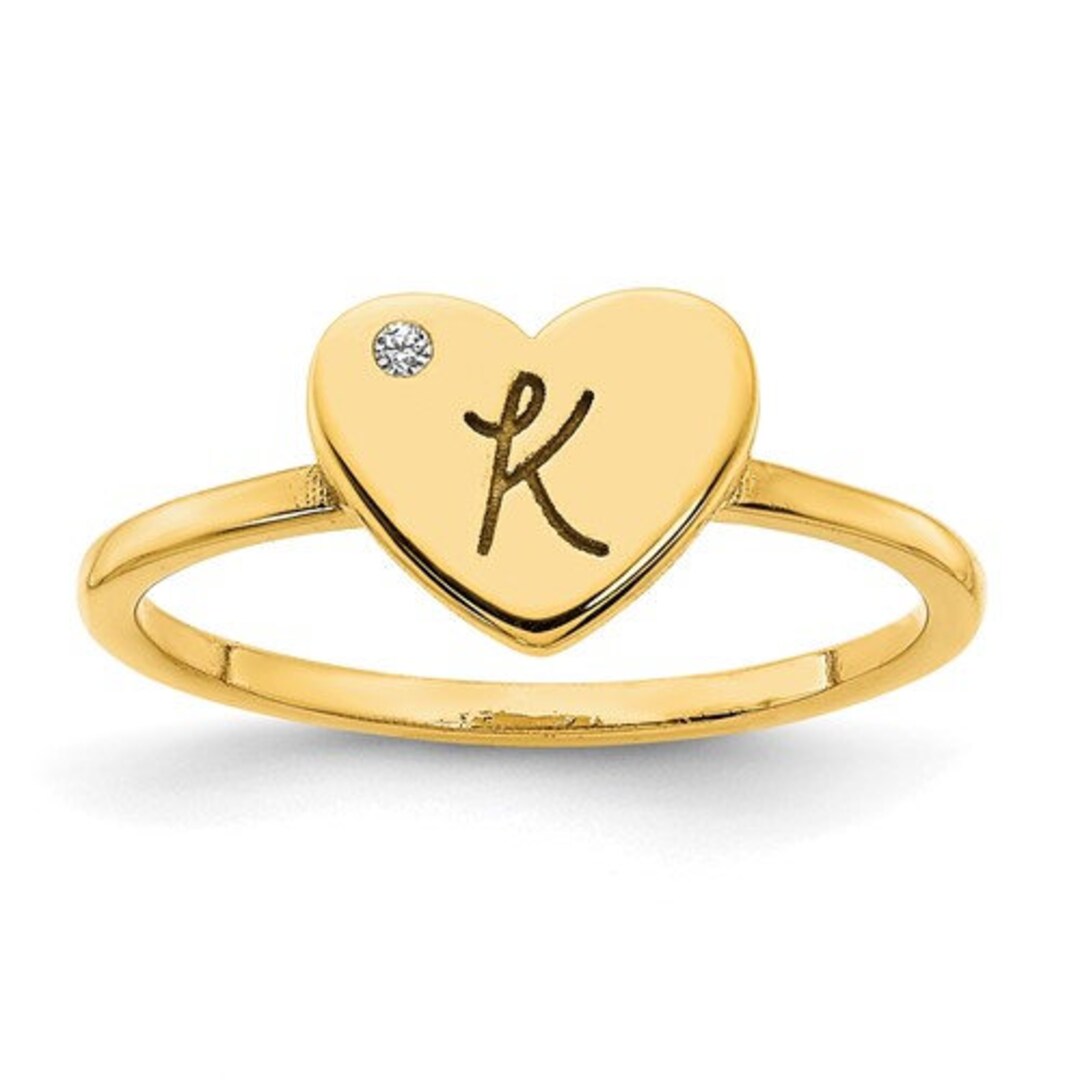 14KT Real Yellow Gold Personalized Heart Ring Initial Heart - Etsy