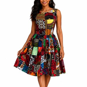 May include: A sleeveless, knee-length dress with a patchwork design. The dress features a vibrant mix of colours and patterns, including red, yellow, green, and blue. The dress has a fitted bodice and a flared skirt, creating a flattering silhouette.
