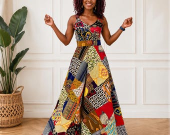 African Print Patchwork Maxi Dress: Vibrant Sleeveless Ankara Gown