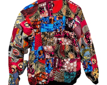 Patchwork African Print Bomberjacke mit Reißverschluss und Taschen, Unisex Ankara Jacke, Frühlingsjacke, Streetwear Bomber, Afrikanischer Bomber