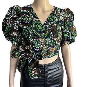 African Print Wrap Crop Top with Puff Sleeves, Ankara Wrap Top,  Colorful summer Top, Afrocentric Blouse, African Print Blouse, Cropped Top
