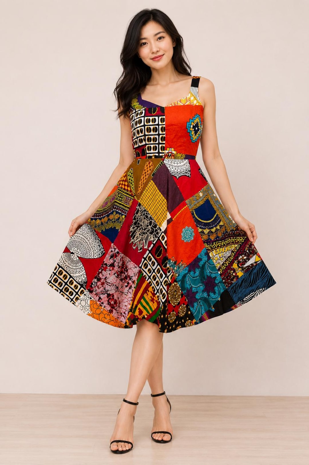 African Print Patchwork A-line Dress: Sleeveless Summer Clothing