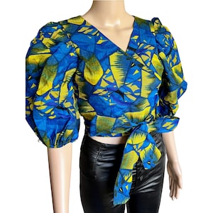 African Print Wrap Crop Top with Puff Sleeves, Ankara Wrap Top,  Colorful summer Top, Afrocentric Blouse, African Print Blouse, Cropped Top