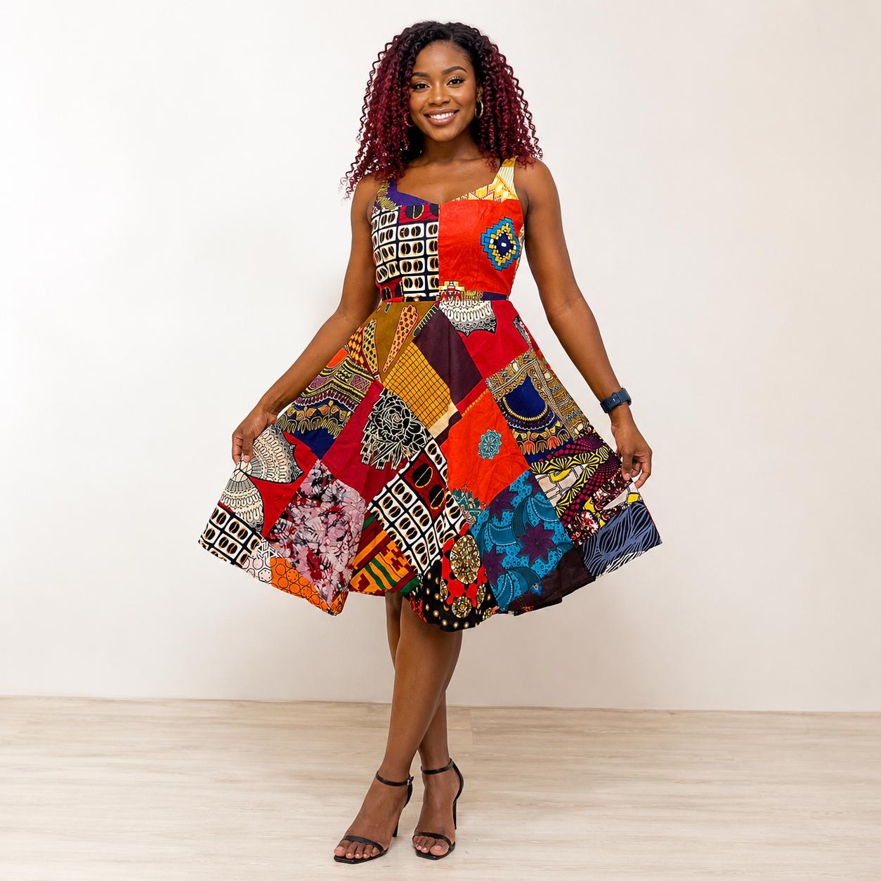 African Print Patchwork A-line Dress: Sleeveless Summer Clothing