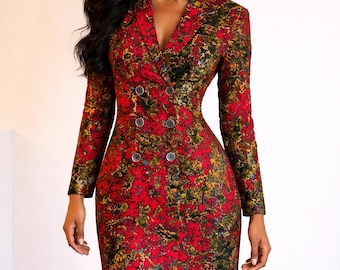 Abstract Print Blazer Dress: Afrocentric Double-Breasted Red Dress