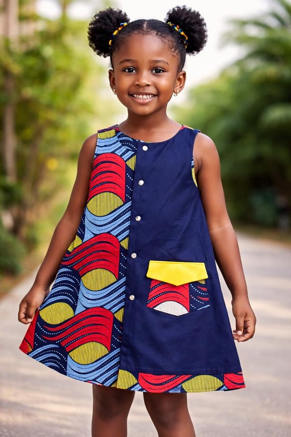 navy blue dress for baby girl Girls' Handmade African Print Dress: Sleeveless A-Line Summer Clothing