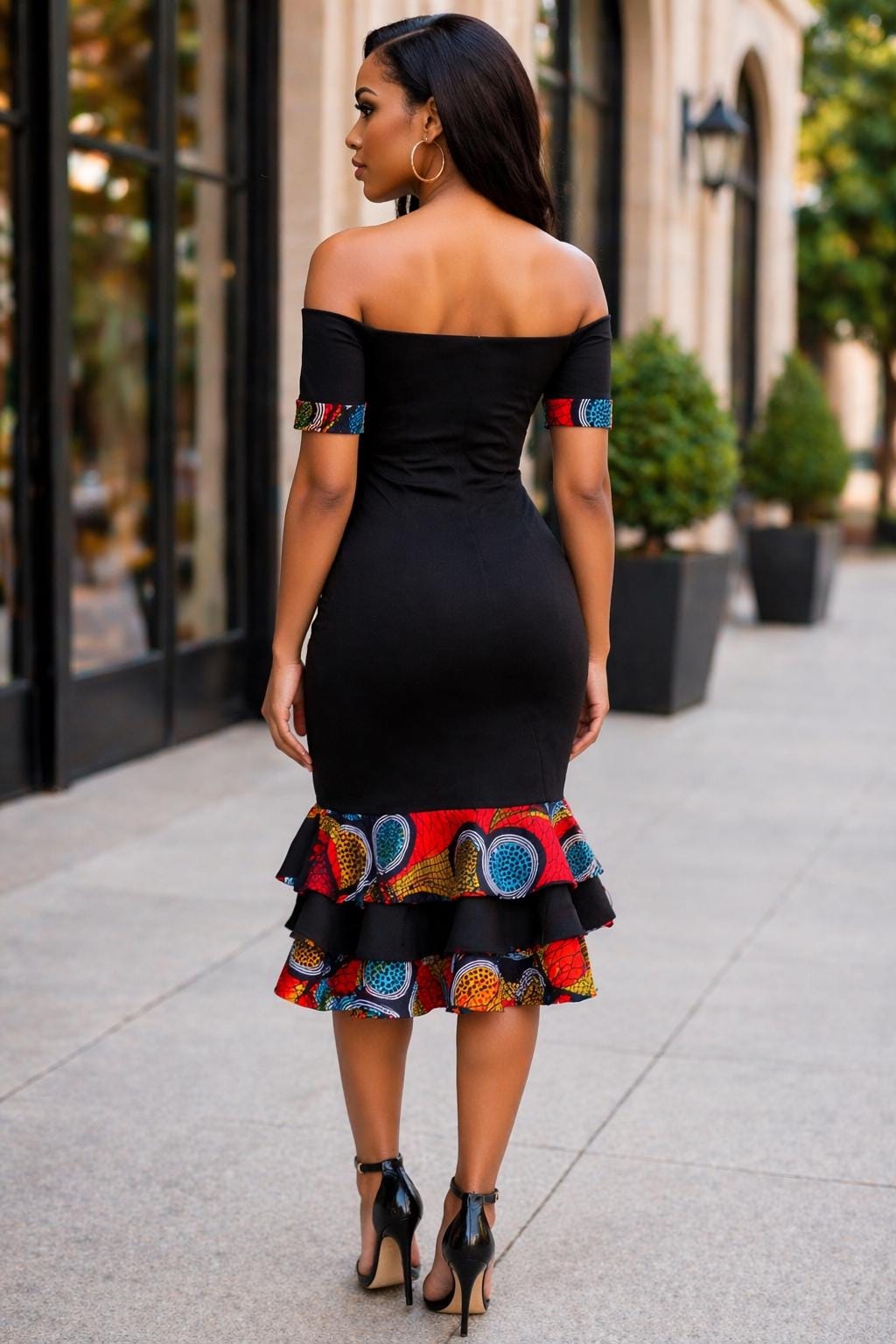 black african dress Off-Shoulder with Print Ruffle Hem this is made with