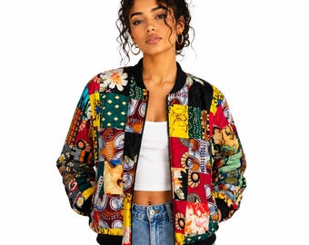 Chaqueta bomber con estampado africano y patchwork: estilo urbano unisex de Ankara.