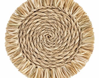 Handmade Natural Woven Straw Coasters Set of 6 | Boho Fringe Drink Coasters | Rustic Table Decor | Eco-Friendly Housewarming Gift