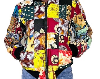 Chaqueta bomber de patchwork con estampado africano: ropa urbana unisex de Ankara