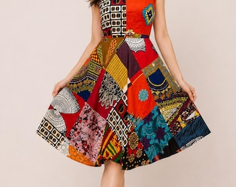 African Print Patchwork A-Line Dress: Sleeveless Summer Clothing