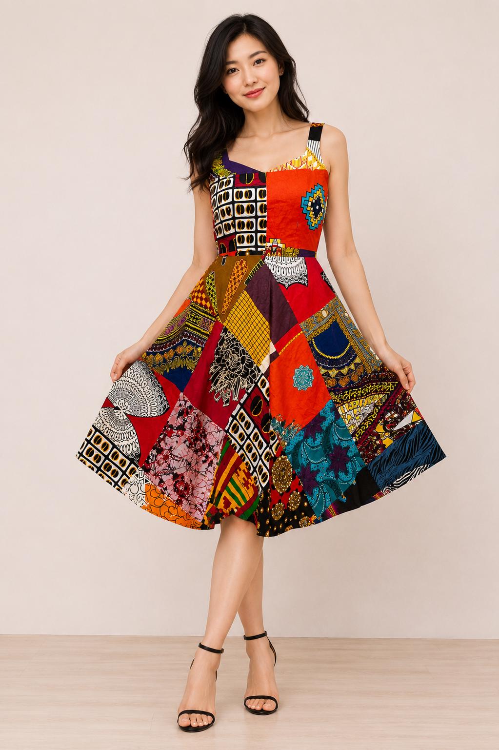 African Print Patchwork A-line Dress: Sleeveless Summer Clothing