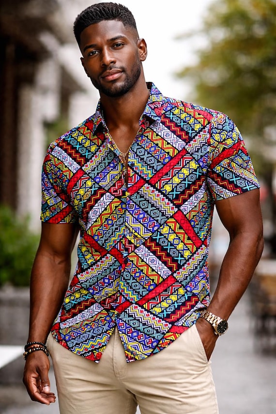 men's cotton short sleeve dress shirts African Print Men's Shirt: Short Sleeve Cotton Button-up