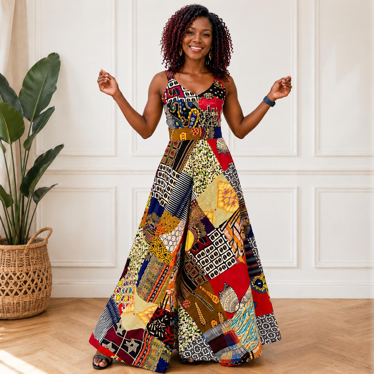 African Print Patchwork Maxi Dress: Vibrant Sleeveless Ankara Gown
