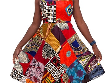 African Print Patchwork Dress, Summer Sleeves Short Dress