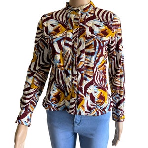 African Print Cotton Blouse: Long Sleeve Ankara Shirt, Size Small