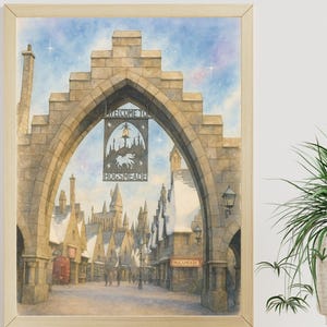 Akwarela z łukiem Hogsmeade | Grafika ścienna z Wioski Czarodziejów | Plakat Universal Theme Park | Magiczne pobieranie cyfrowe