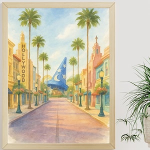 Hollywood Boulevard Disney | Watercolour Print of Hollywood Studios | Sorcerer Hat Artwork | Theme Park Wall Art | Printable Disney Decor