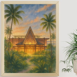 Polynesian Resort Watercolor Print | Disney Sunset Tropical Poster | Magic Kingdom Hotel Wall Art | Digital Download