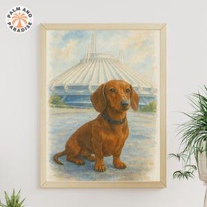 Dogs of Disney | Sausage Dog Print | Space Mountain Poster | Magic Kingdom Wall Art | Dachshund Watercolour | Digital Download