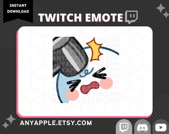Op de afbeelding: Een blauwe en witte Twitch-emote met een verraste uitdrukking. De emote heeft een zwarte hoed en een rode mond. De emote is omringd door een gele ster.