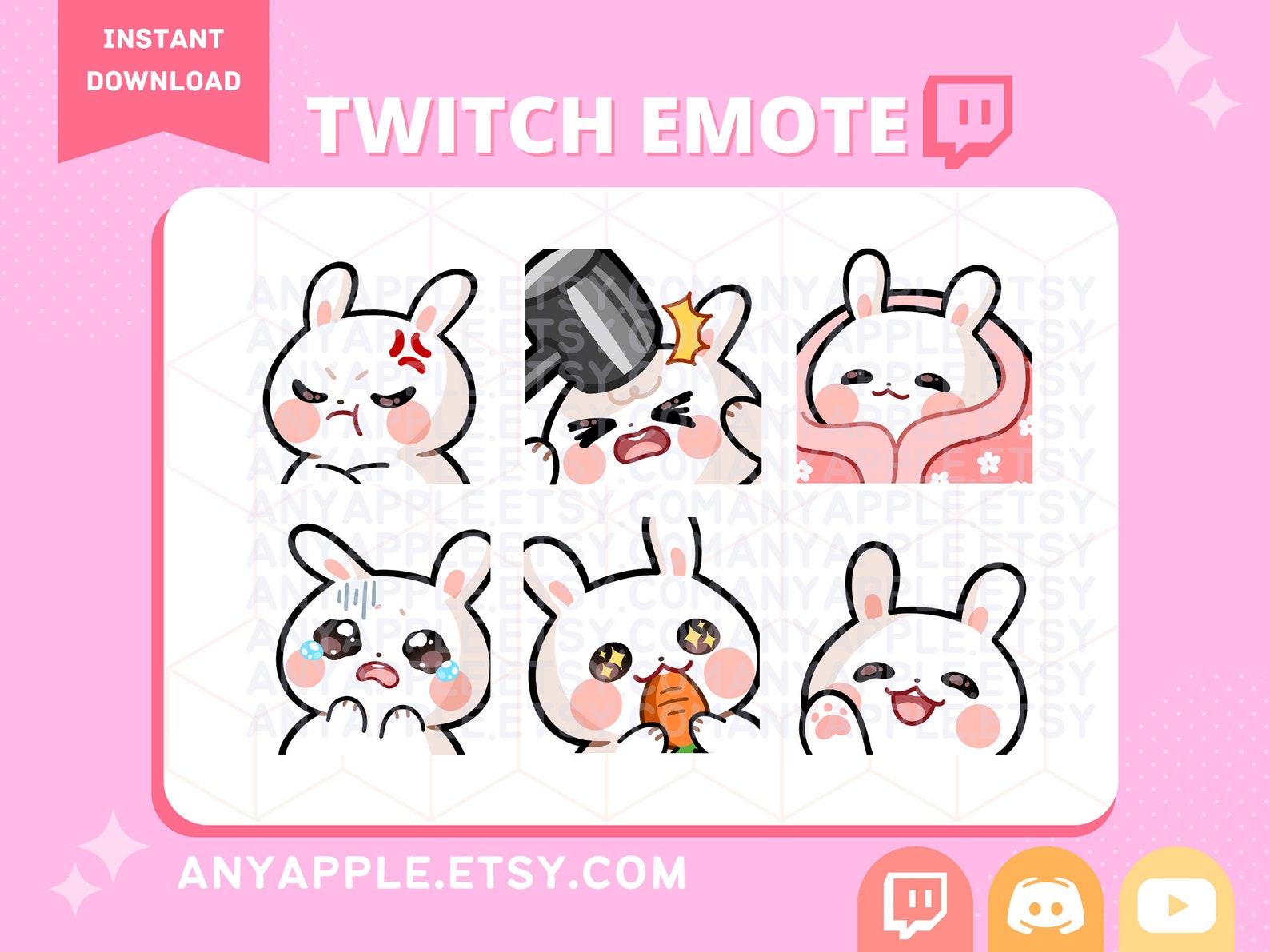 Cute White Bunny Twitch Emote for Streamer Pack 1 Discord Emote Kawaii ...