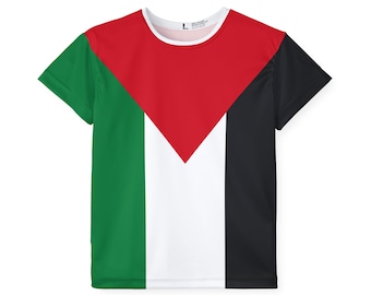 May include: A short-sleeved t-shirt featuring the flag of Palestine. The design includes green, white, red, and black panels. The shirt has a white crew neck and a tag on the inside collar.