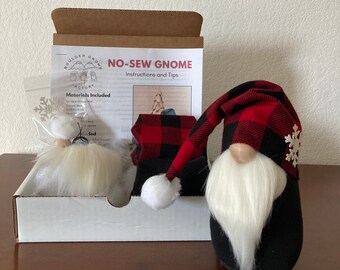 No-Sew, DIY Holiday Gnome Craft Kit-  Red and Black Buffalo Plaid Hat with Snowflake Decoration, Christmas Craft Kit