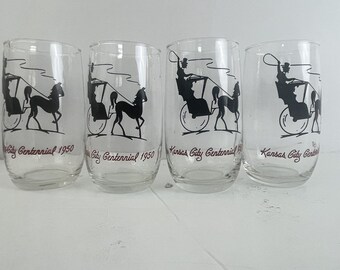 Lote de 4 vasos de agua del centenario de Kansas City Vintage 1950 Horse Buggy