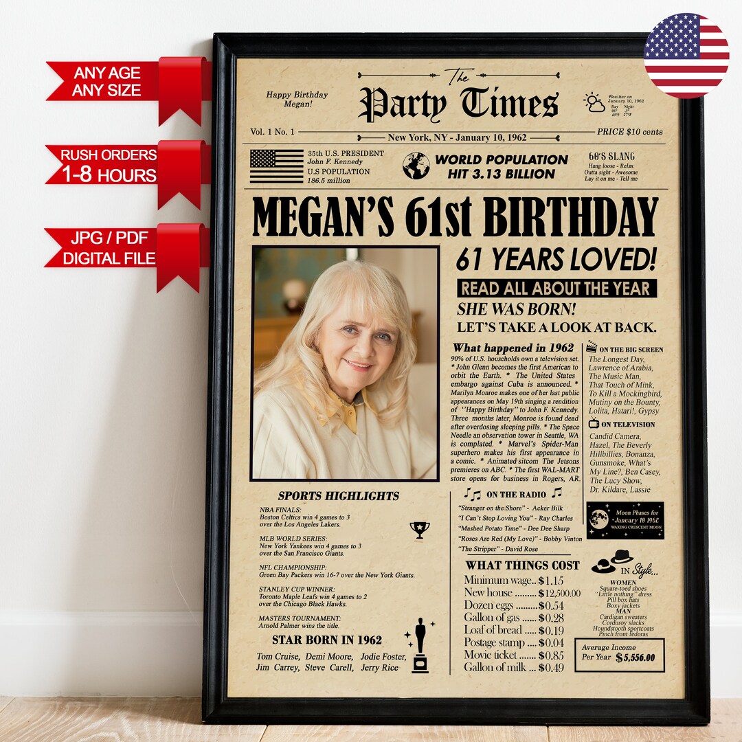 61st Birthday Newspaper Poster Sign American, 61st Birthday Gift ...