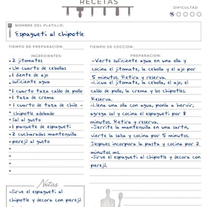 Hoja de recetas en español- Plantilla imprimible