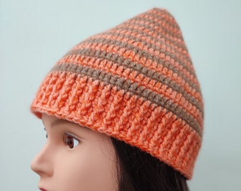 Striped beige and salmon pixie hat; kid mohair, silk and acrylic blend