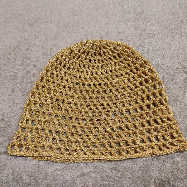 Handmade skull hat in gold metallic, disco hat, mesh hat, retro hat, 70s hat, hand-crocheted party cap