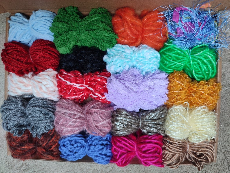 Mixed creative pack of assorted colours 20 yarn bundles. Various weights, types and textures. For weaving and much more
