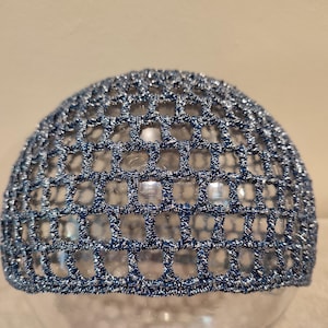 Handmade blue metallic hat, disco hat, mesh hat, sparkle retro hat, 70s hat, hand-crocheted party cap