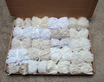 20 Cream, White, Neutral Yarn Bundles Pack: Mixed Fibers for weaving and much more