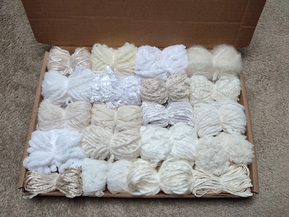 20 Cream, White, Neutral Yarn Bundles Pack: Mixed Fibers for weaving and much more