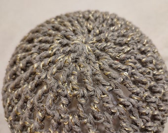 Hat with sequins, greyish khaki and gold colours, skull hat, mesh hat