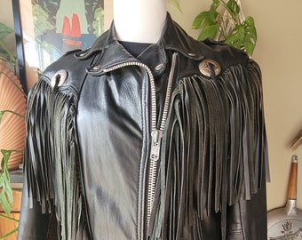 Vintage 1980's Bristol Leather fringe jacket -  black biker jacket - rocker jacket - punk rock - western wear - oversized zipper - excellent