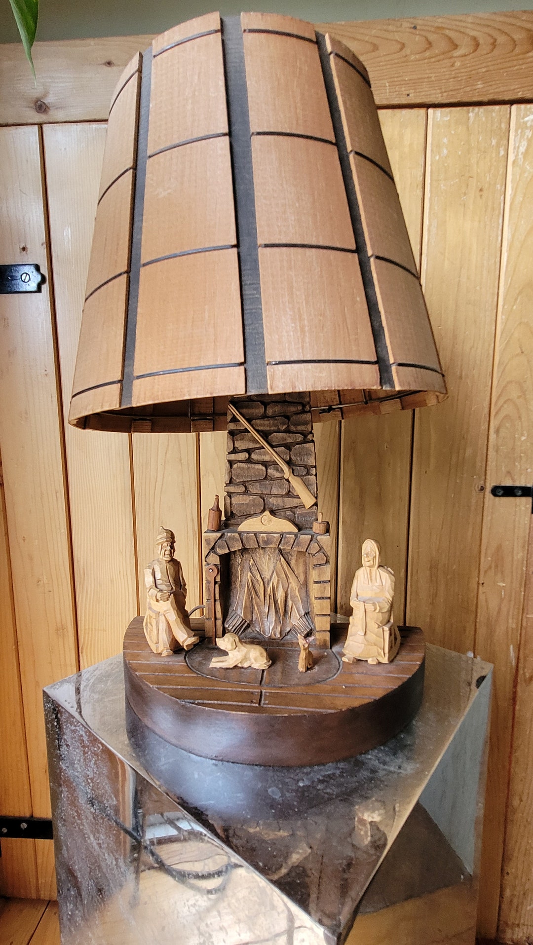 Vintage French Canadian Folk Art Lamp Gerard Fortin Saint John Port Jolie Handcarved Wooden Lamp